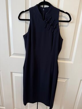 Tahari Navy Sleeveless Sheath Dress with Knot Detail